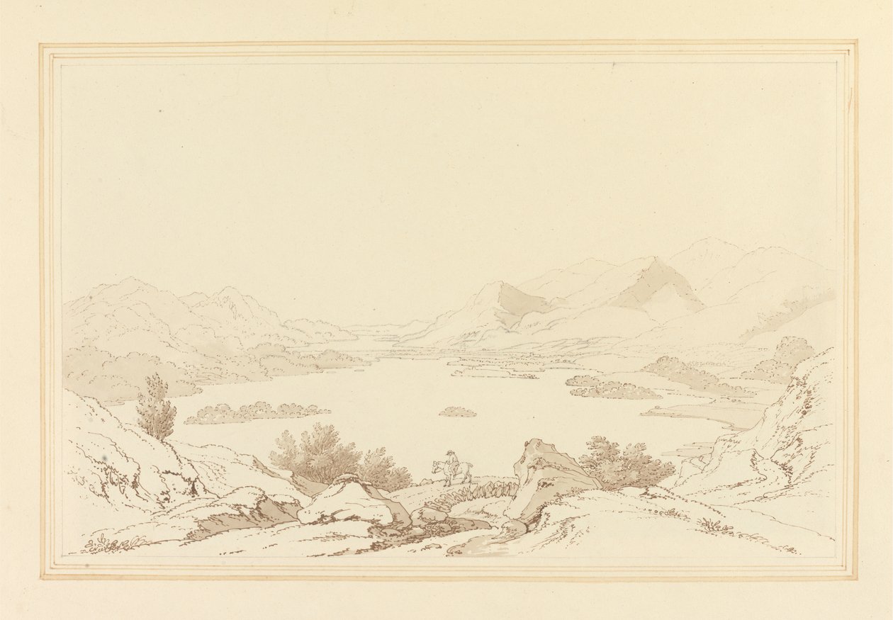 Generell utsikt over Lake of Derwent Water (penn og blekk med wc over grafitt på vevd papir) av Joseph Farington