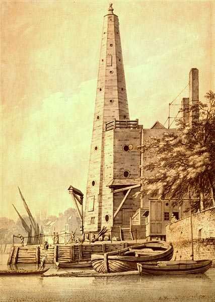 The Old Water Tower at York Buildings, Whitehall, 20. mai 1791 (blekk og vask) av Joseph Farington