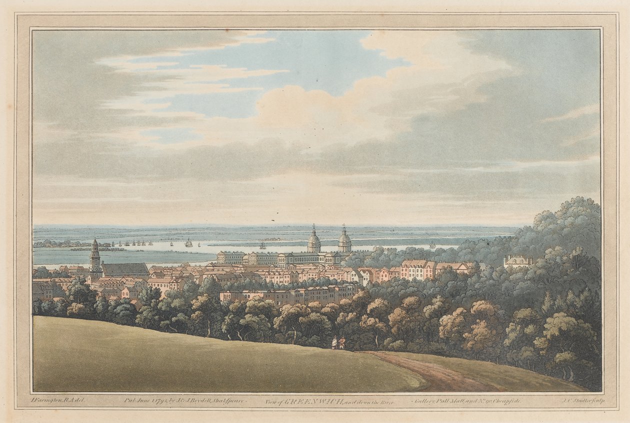 Utsikt over Greenwich og nedover elven, 1795 (akvatint) av Joseph Farington