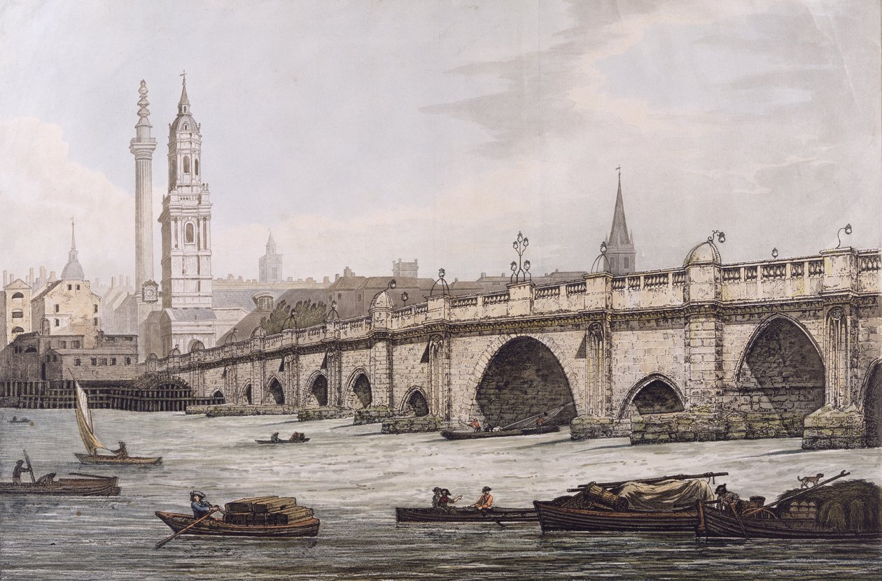 Utsikt over London Bridge, inkludert Church of St. Magus og The Monument, gravert av J.C. Stadler av Joseph Farington