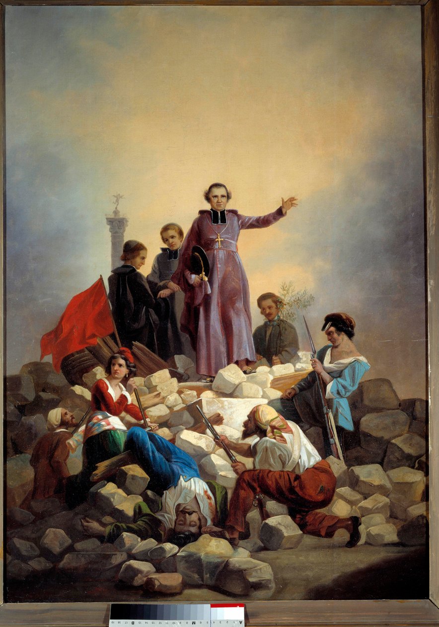Revolusjon 1848: "" Erkebiskopen Denis Affre (1793-1848) på barrikaden Faubourg Saint Anthony 26/06/1848"" Maleri av Joseph Felon (1818-1896) 1848 Søn. 0,92x0,67 m. Paris, Musee Carnavalet - Revolusjon av 1848: "" Erkebiskopen Monseigneur Denis Af av Joseph Felon