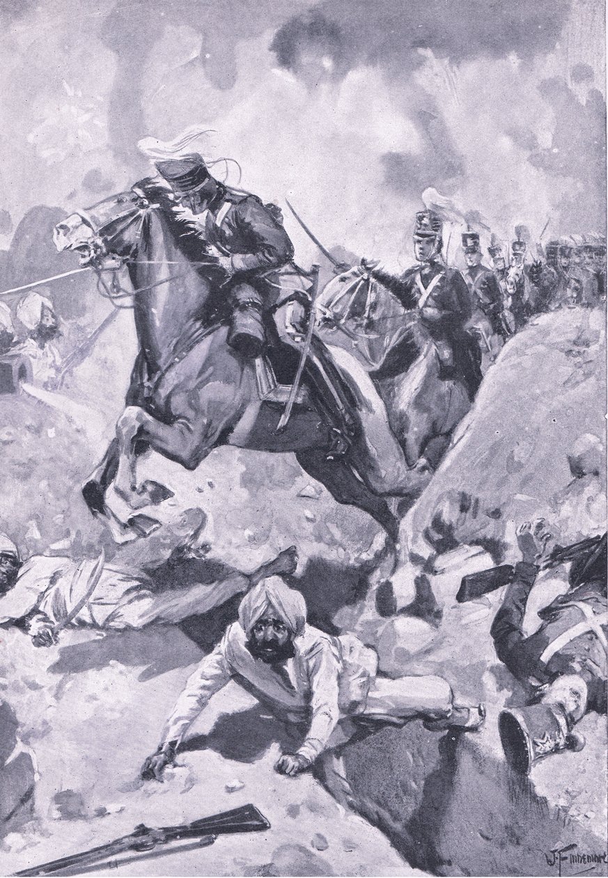 Sobraon: Sir Joseph Thackwell leder 3rd Light Dragoons i én fil gjennom noen sikh-jordarbeider, illustrasjon fra British Battles on Land and Sea, 1915 av Joseph Finnemore