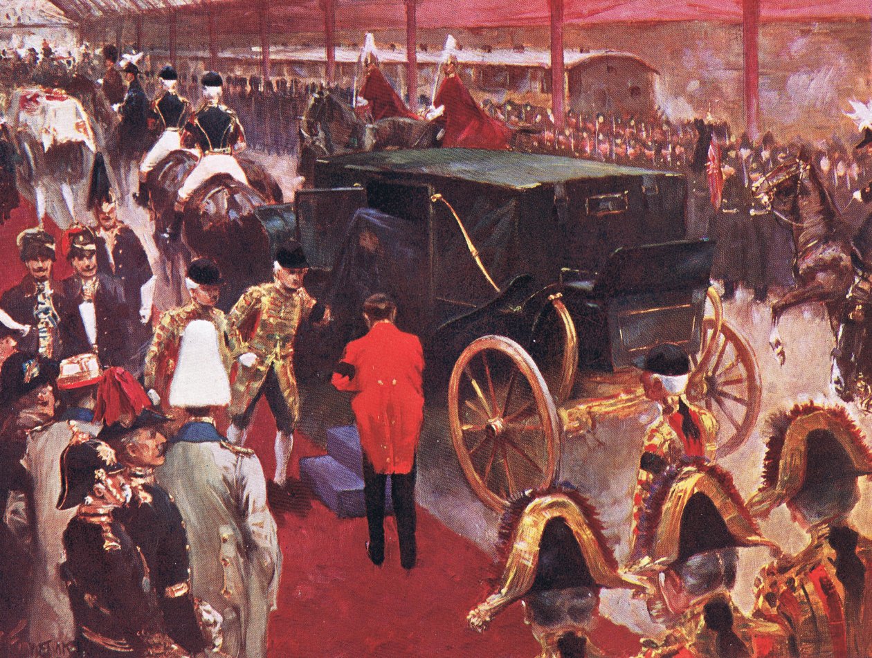 Ankomsten av Hennes Majestet Dronning Alexandra til Paddington Station i anledning begravelsen til hennes avdøde Majestet Dronning Victoria 2. februar 1901, illustrasjon fra Cassells History of England, 1900-tallet av Joseph Finnemore