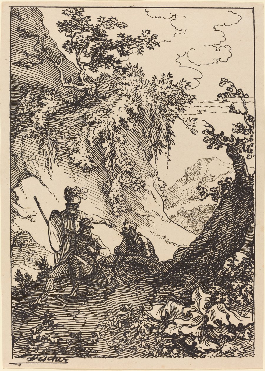Landskap med menn i rustning, trestubbe av Joseph Fischer