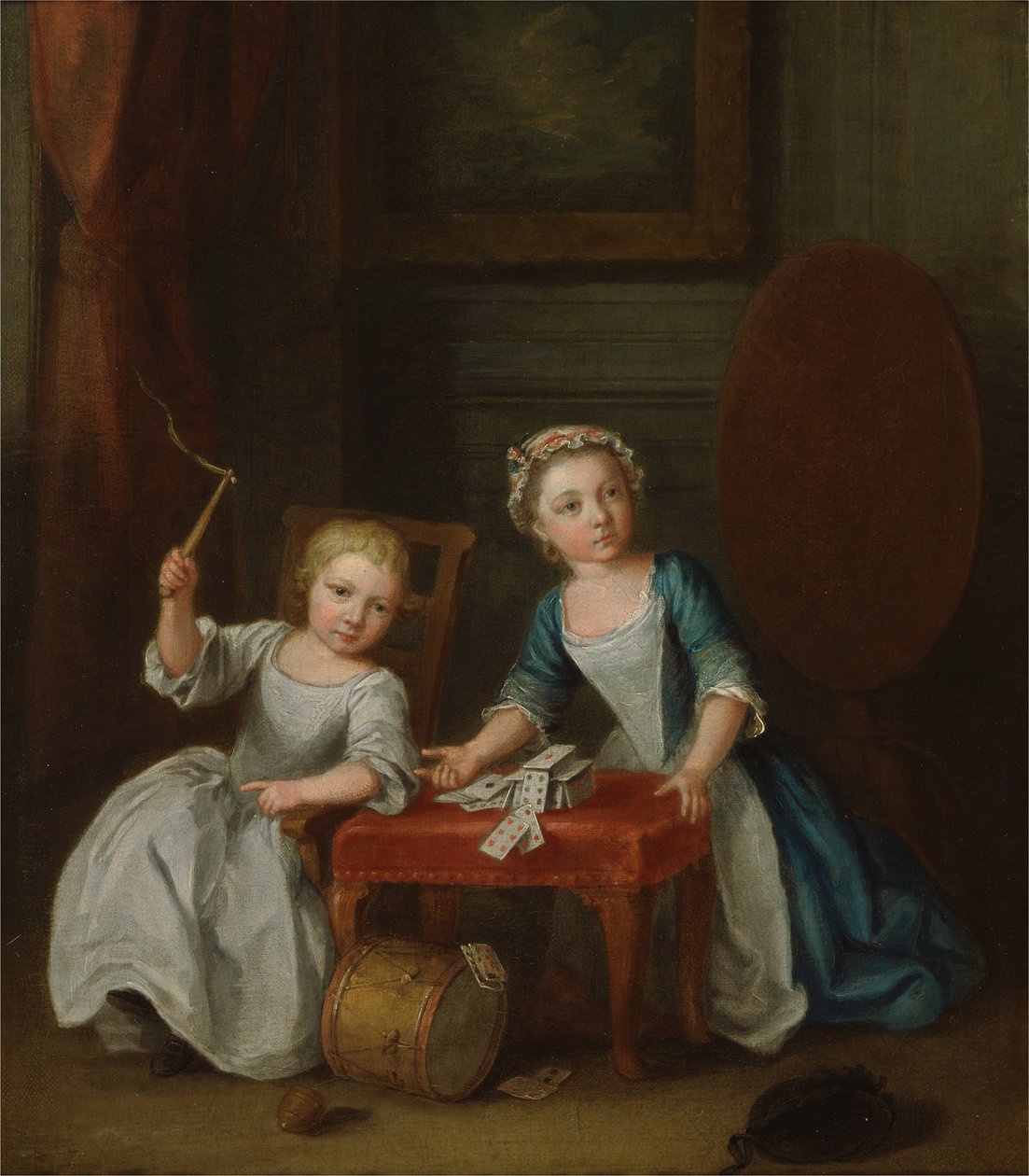 To barn av familien Nollekens, trolig Jacobus og Maria Sophia, leker med en topp og spiller kort, 1745 av Joseph Francis Nollekens