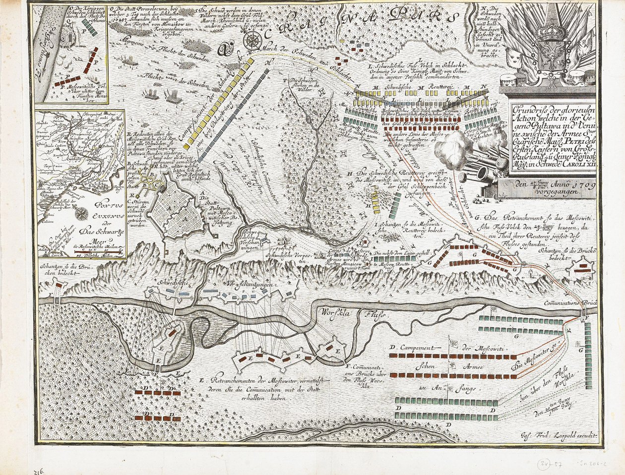 Kart over slaget ved Poltava 27. juni 1709 av Joseph Friedrich Leopold