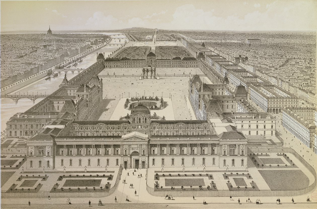 Utsikt over Louvre og Tuileriene, ca. 1850 av Joseph Gabriel Aubrun