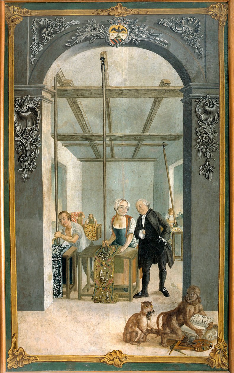 Wetter Brothers Indian Fabric Factory: Arbeidere som passerer gjennom gitteret til trykte lerreter Maleri av Joseph Gabriel Rossetti (1700-tallet). 1764 Orange, Musee Municipal av Joseph Gabriel Rossetti