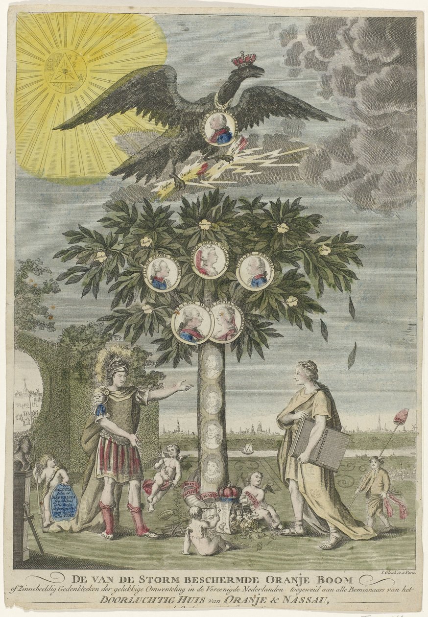 Allegori om gjenvinningen av stadholder William V (kopi), 1787 Appelsintreet, beskyttet mot stormen eller symbolsk minnesmerke for den lykkelige revolusjonen i De forente Nederlander, dedikert til alle elskere av Serene House of Orange & N av Joseph Gleich