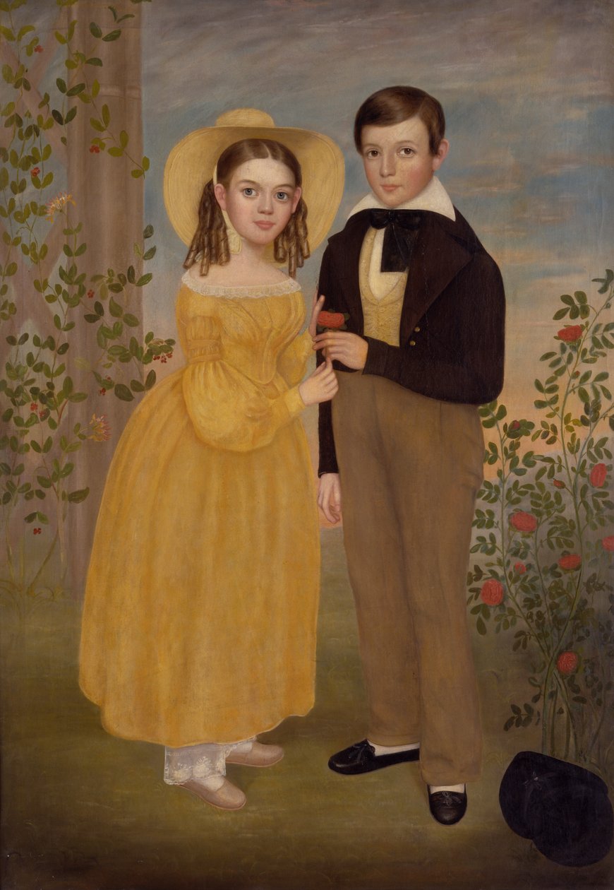 En gutt og en jente i en hage (olje på lerret) av Joseph Goodhue Chandler