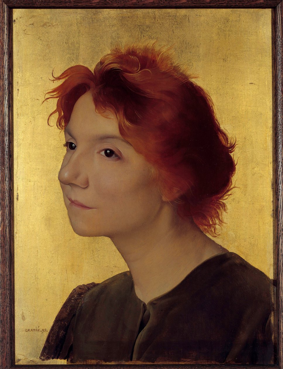 Portrett av Yvette Guilbert (1867-1944) sanger. Portrett av en kvinne med rødt hår på gullbakgrunn. Maleri av Joseph Granie (1861-1915) 1895 Søn. 0,41x0,31 m Paris, musee d