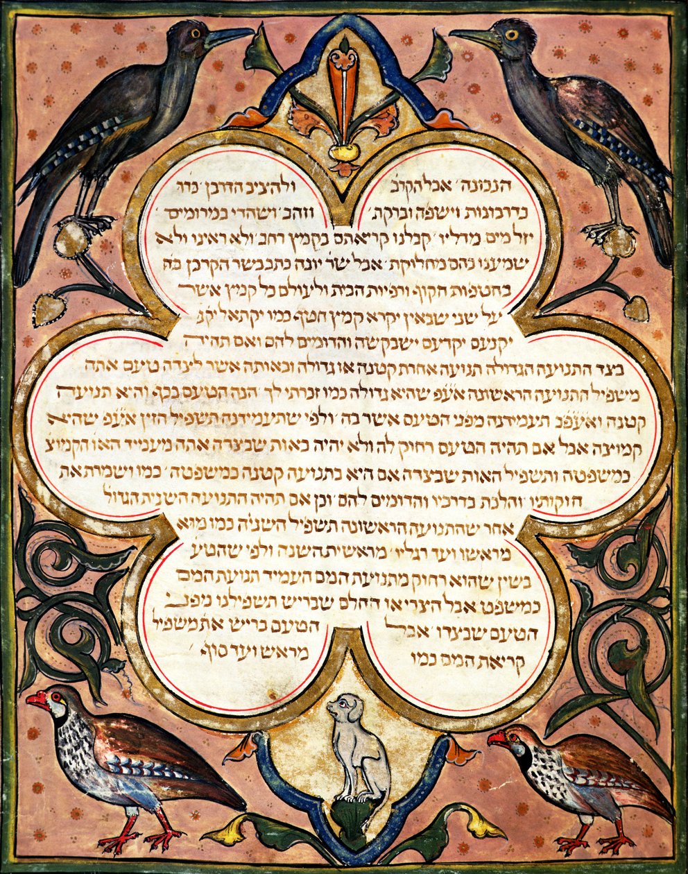 Side fra en hebraisk bibel med fugler, 1299 av Joseph Ha Zarefati