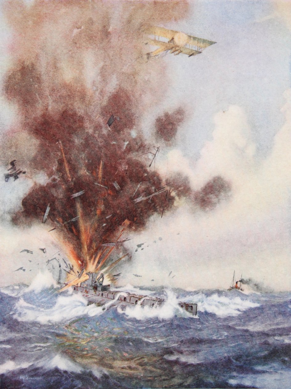 Skvadronsjef A.W. Bigsworth angriper med bomber en tysk ubåt, som fylles med vann og synker utenfor Oostende av Joseph Harold Swanwick