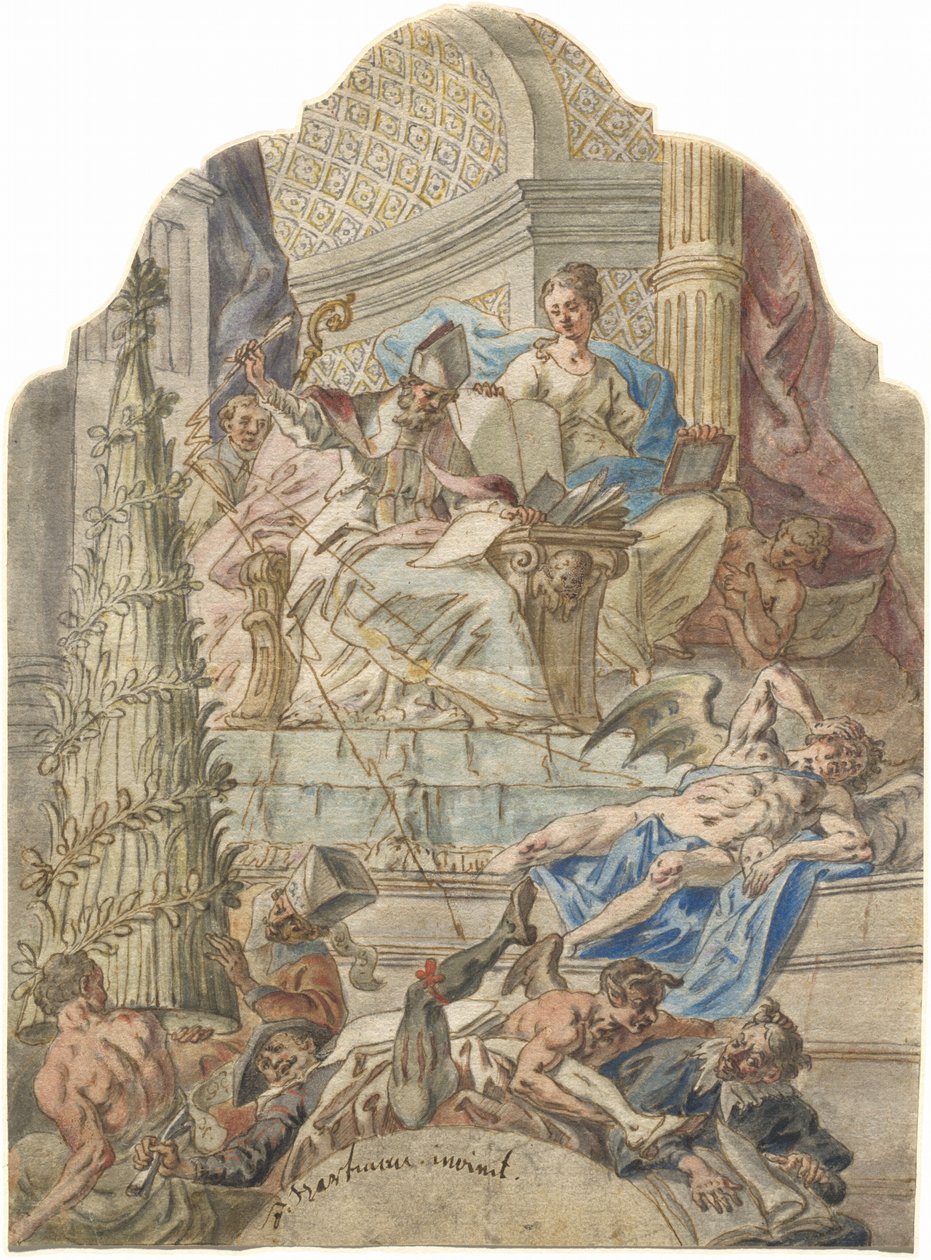 Saint Augustine undertrykker kjetteri med lyn fra pennen hans av Joseph Hartmann