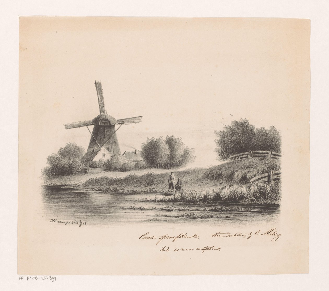 Landskap med mølle og to fiskere av Joseph Hartogensis