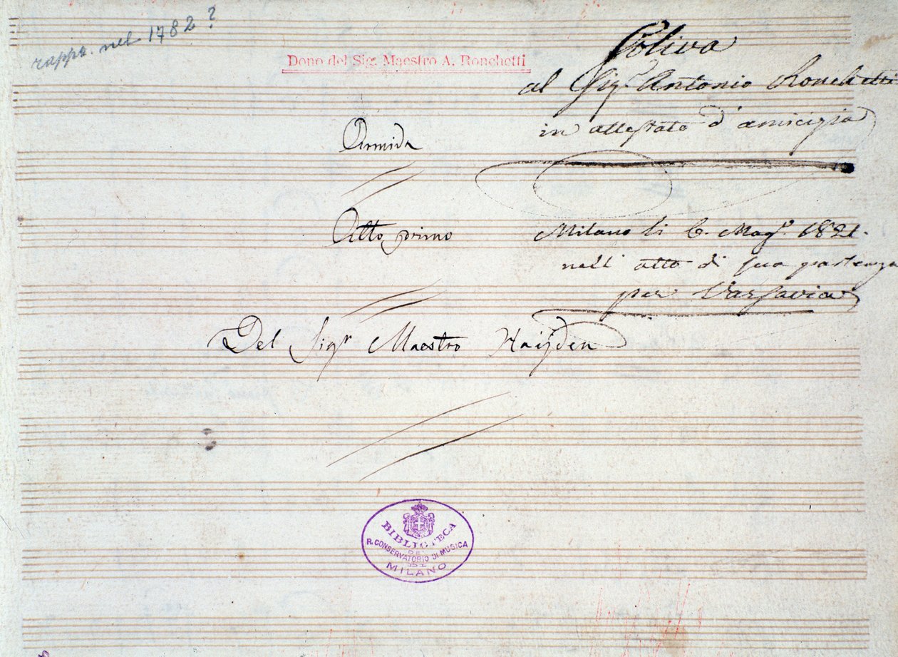 Første side av musikalsk partitur av menuetten i Armida av J Haydn (1821) av Joseph Haydn