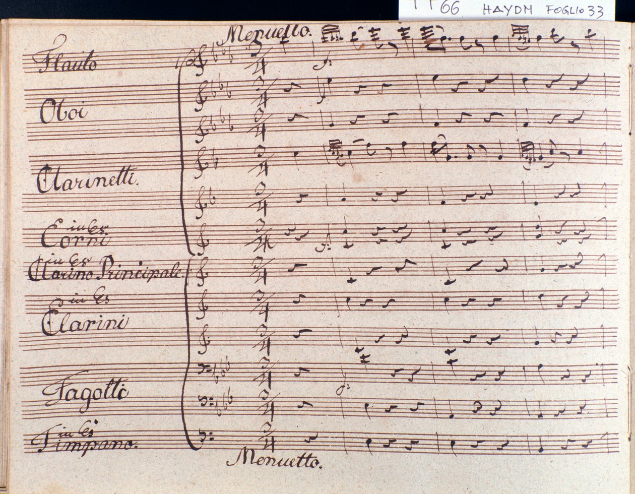 Første side med partitur av menuett i symfoni 66 i B-dur av J Haydn av Joseph Haydn