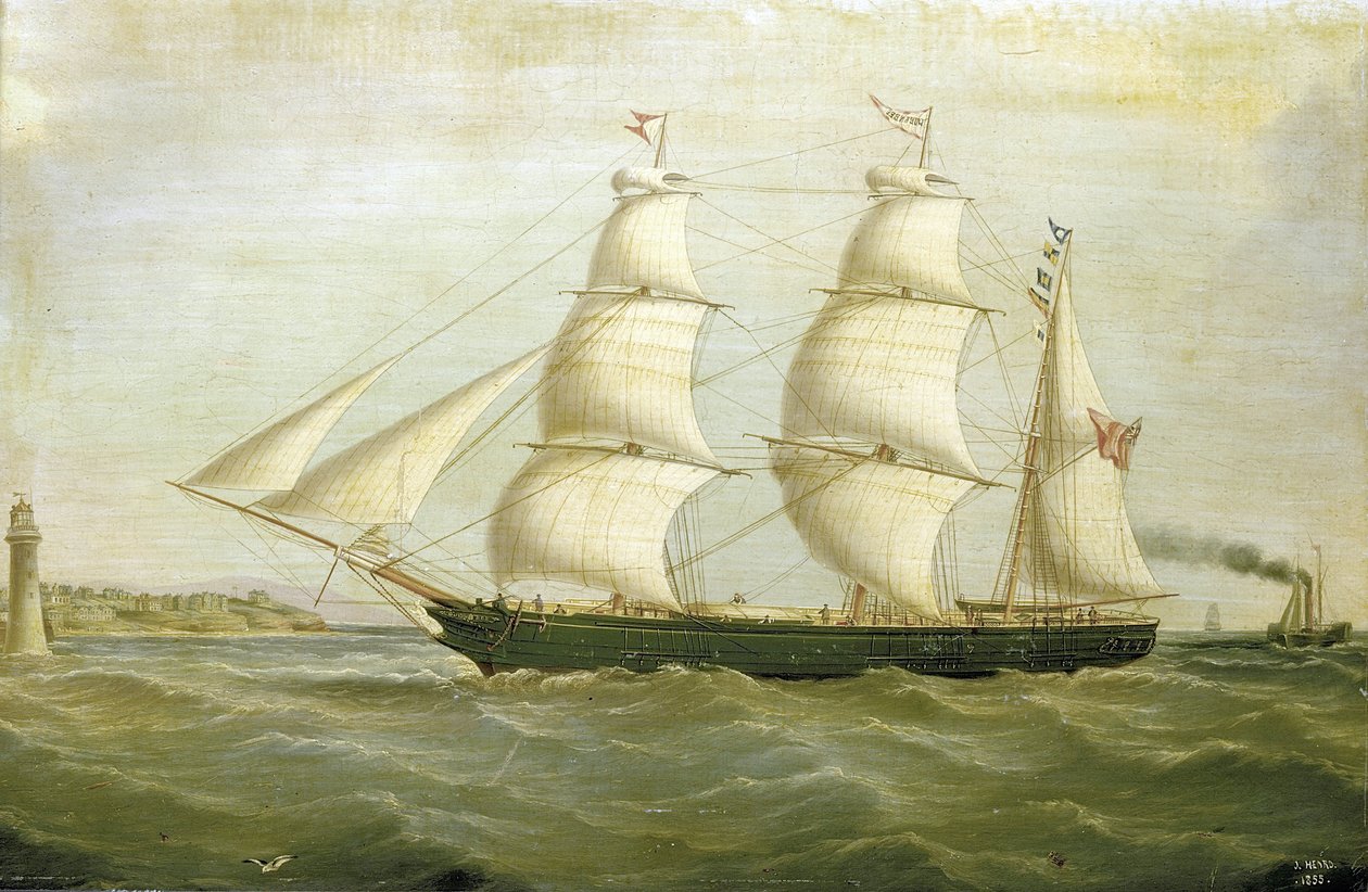 Seilbåten «Queen Bee» (bygd i 1852), med et fyrtårn på den ene siden bygget av hus. Oljemaleri av Joseph Heard