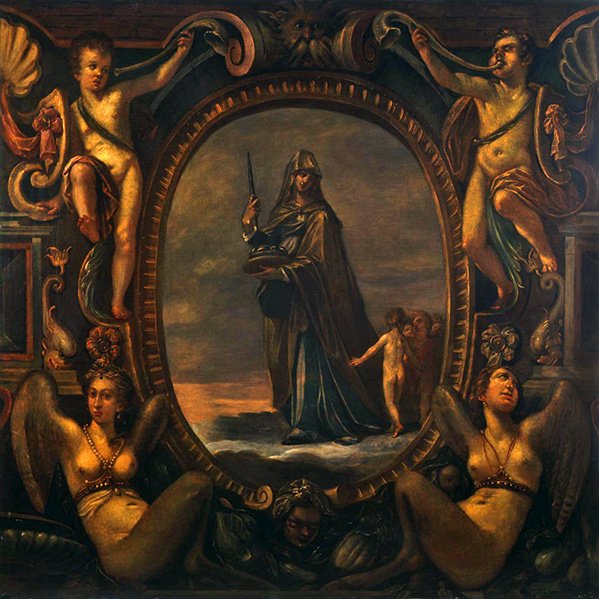 Allegorisk figur med putti i kartusj (olje på lerret) av Joseph Heintz