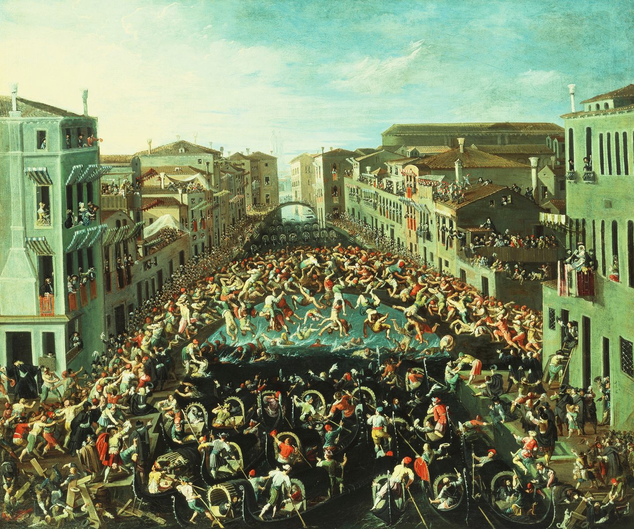 Kampen mellom Nicolotti og Castellani, på Ponte dei Pugni, Venezia, 1673 av Joseph Heintz