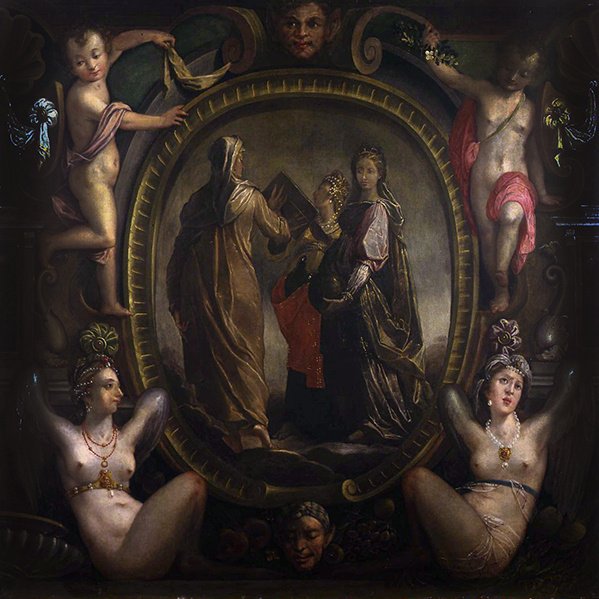 Tre allegoriske figurer i en kartusj (olje på lerret) av Joseph Heintz