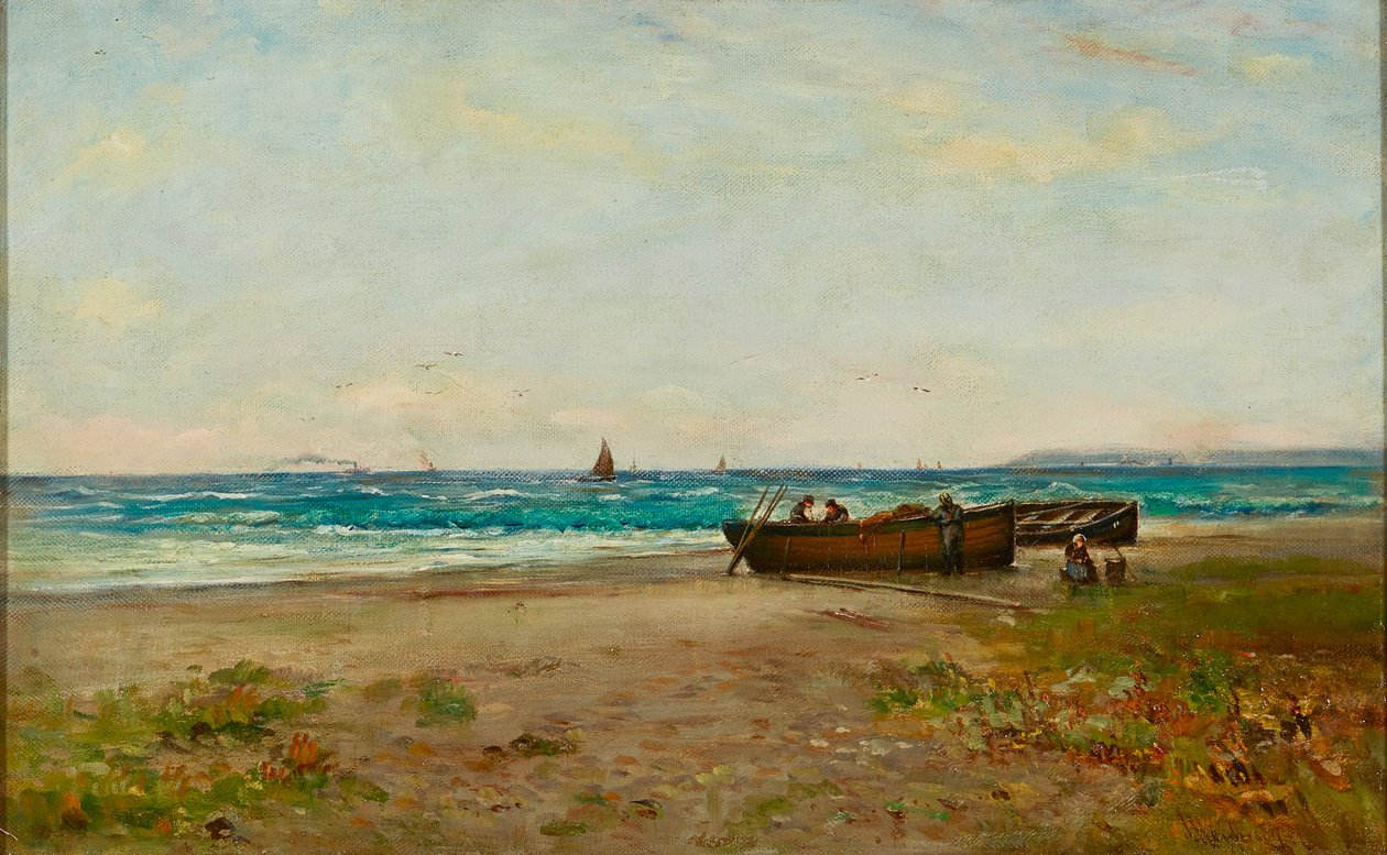 Tending the Boats, Ayrshire Coast (olje på lerret) av Joseph Henderson