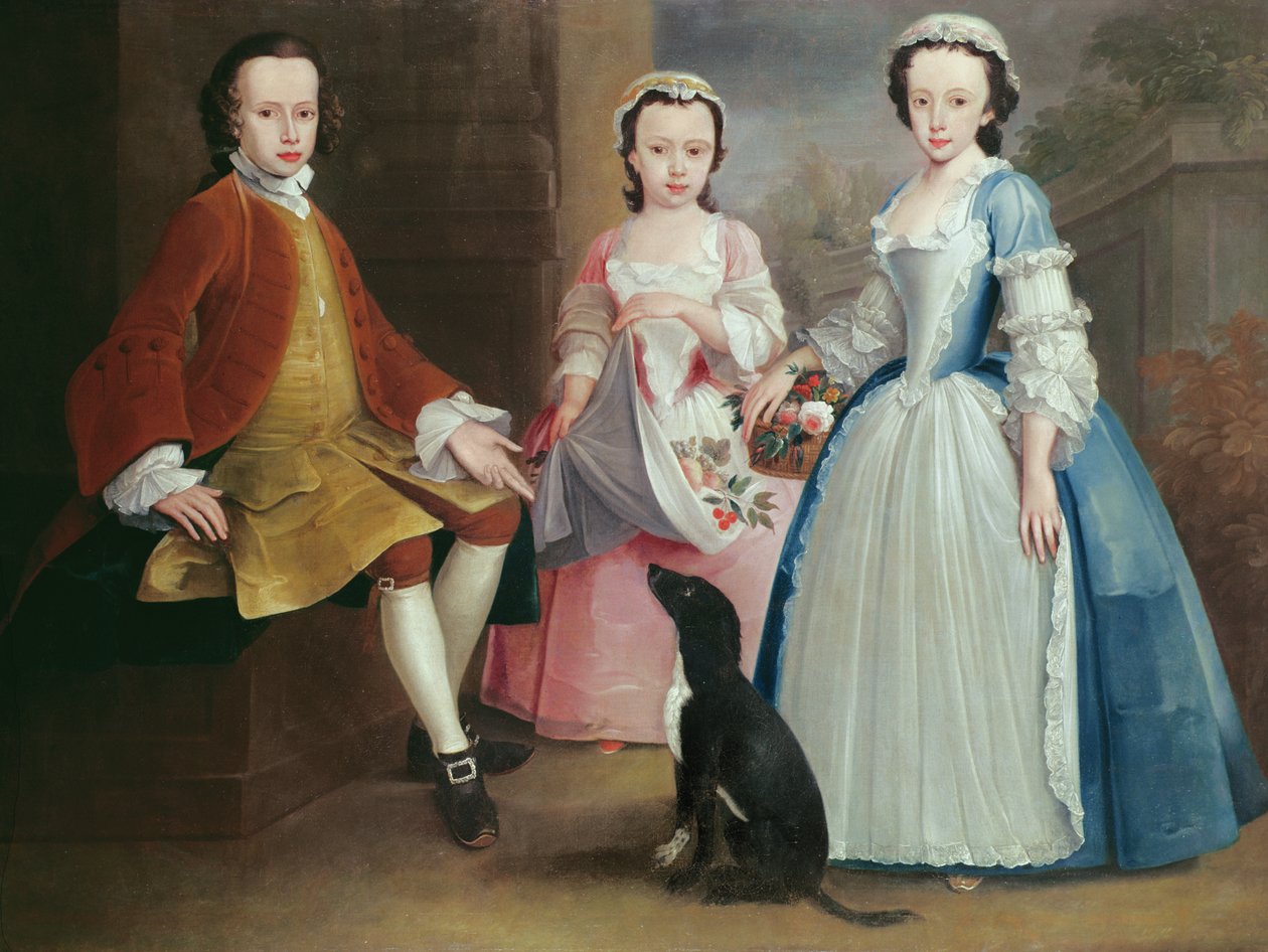 Sara, Anna og Evan Davies med hunden deres av Joseph Highmore