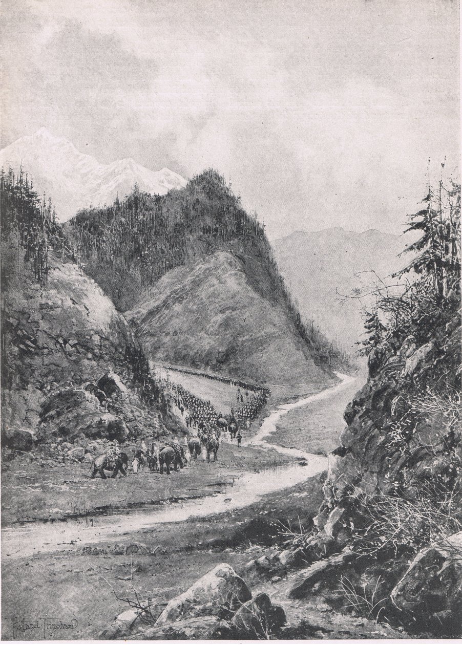 Afghanistan: Kabul-kolonnens marsj til Khandahar, august 1880, illustrasjon fra britiske slag på land og hav, 1915 av Joseph Holland Tringham