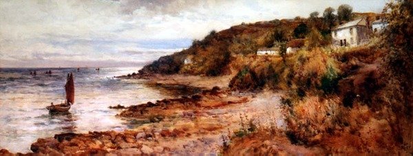 Fiskebåter og hytter ved Cemaes Bay av Joseph Hughes Clayton