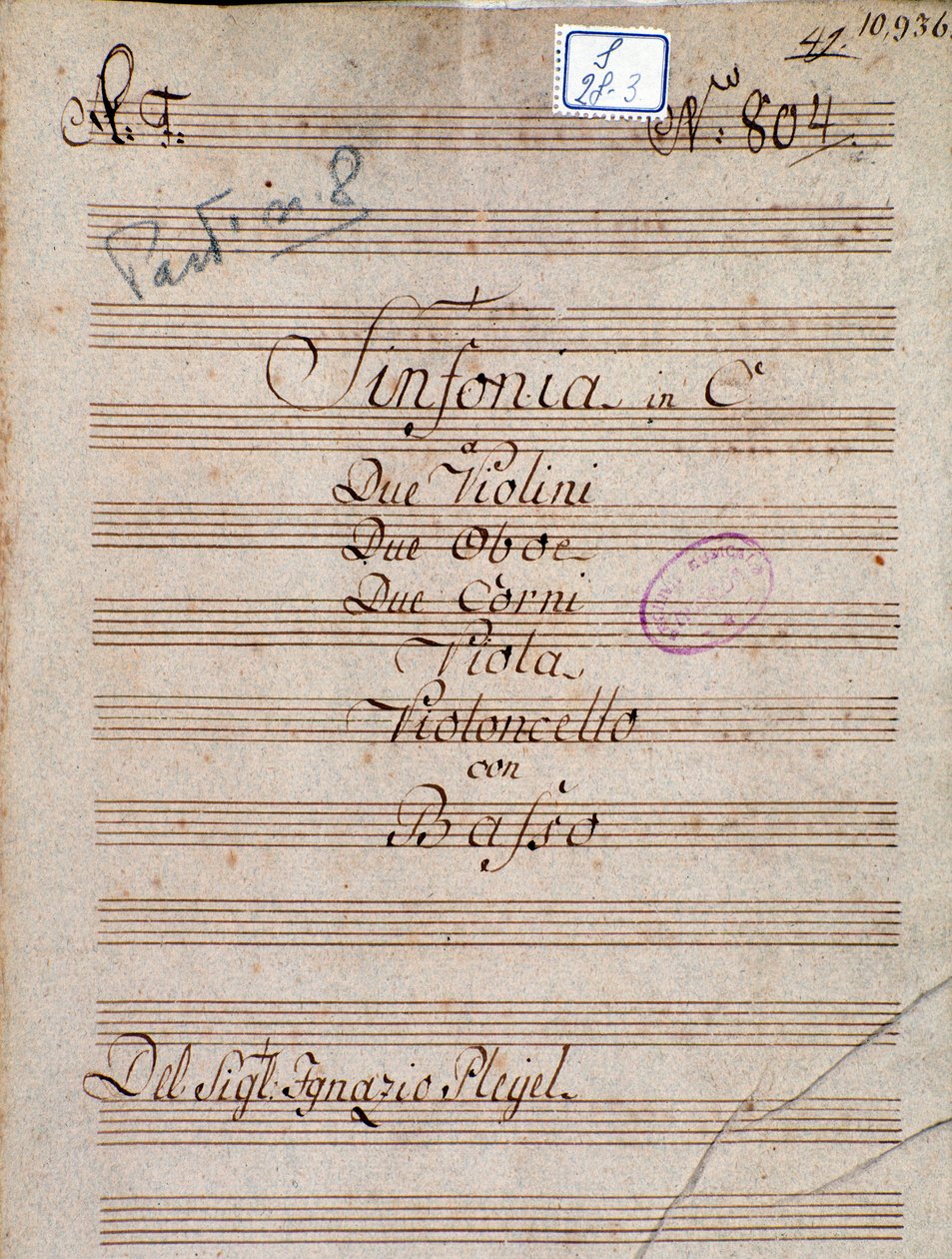 Første side av partituret til Symphony in C av Pleyel av Joseph Ignace Pleyel