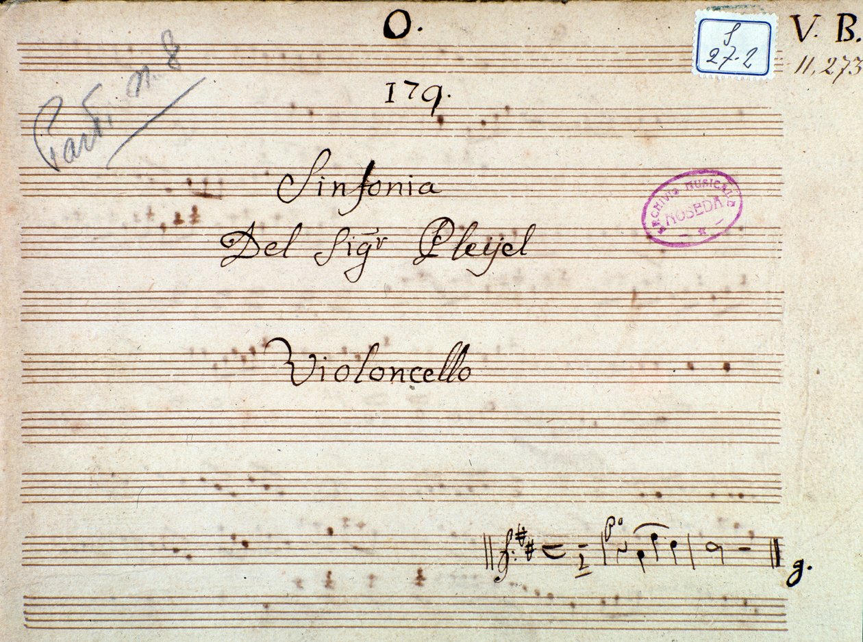 Første side med partitur av en symfoni i D-dur av Pleyel av Joseph Ignace Pleyel