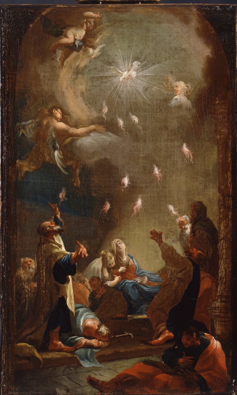 The Descent of the Holy Spirit (Pentecost) - Maleri av Joseph Ignaz Mildorfer (1719-1775), olje på lerret, ca. 1750 - (The Descent of the Holy Spirit (Pentecost), Olje på lerret av J.I.Mildorfer, ca. 1750) - Magyar Nemzeti Galeria (Ungarn) av Joseph Ignaz Mildorfer