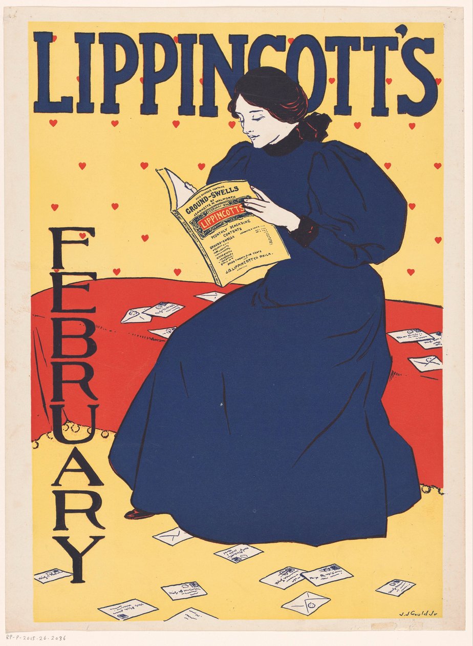 Annonse for en februarutgave av Lippincott's Monthly Magazine av Joseph J. Gould jr.
