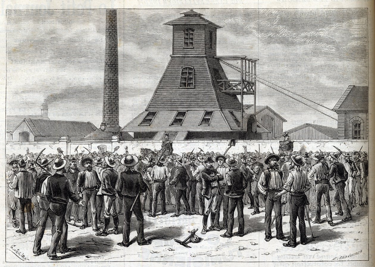 Streik ved Anzin-gruvene (Pas-de-Calais) i 1884 - Greves aux mines d'Anzin (Pas-de-Calais) i 1884. Tegning av Julien - gravering i «Le journal illustrious»» av 1884 av Joseph Julien