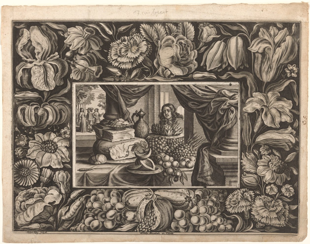 Stilleben av ost og frukt med ornamentkant av Joseph Kling
