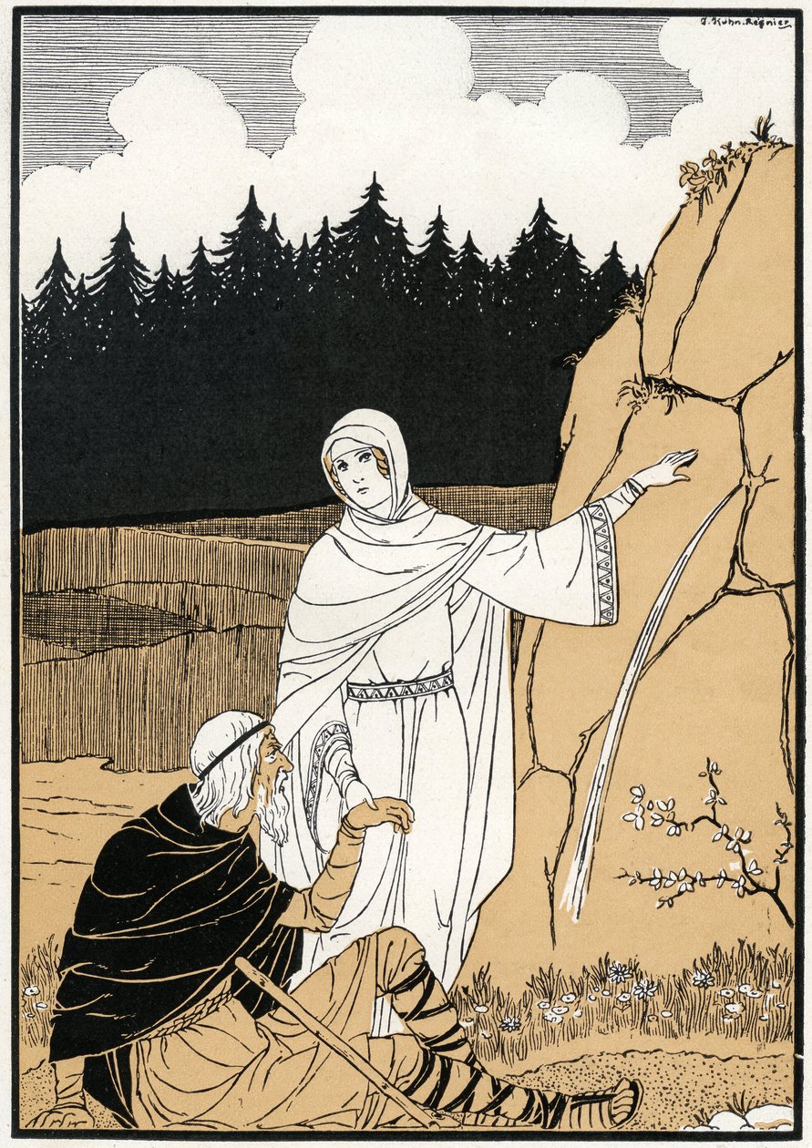 Legenden om Saint Odile (Odile av Hohenbourg, ca. 662-ca. 720) som trekker ut en fjær fra fjellet - Illustrasjon av Joseph Kuhn Regnier (Kuhn-Regnier) (1873-1940) for «Legends and Tales of Alsace», red. Fernand Nathan tidlig på 1900-tallet - Mont Sainte Od av Joseph Kuhn-Regnier