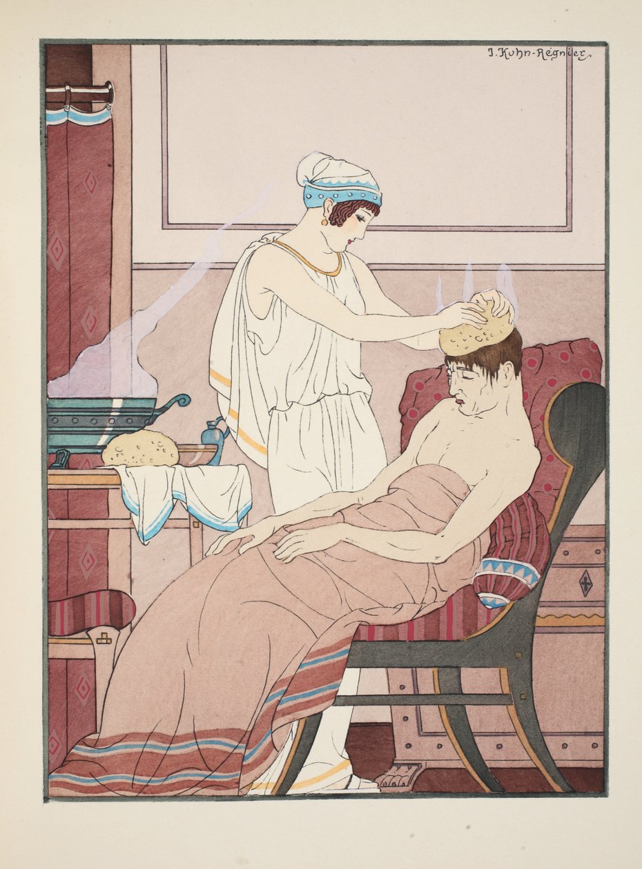 En svamp dynket i varmt vann påføres hodet, illustrasjon fra 'The Works of Hippocrates', 1934 av Joseph Kuhn Regnier