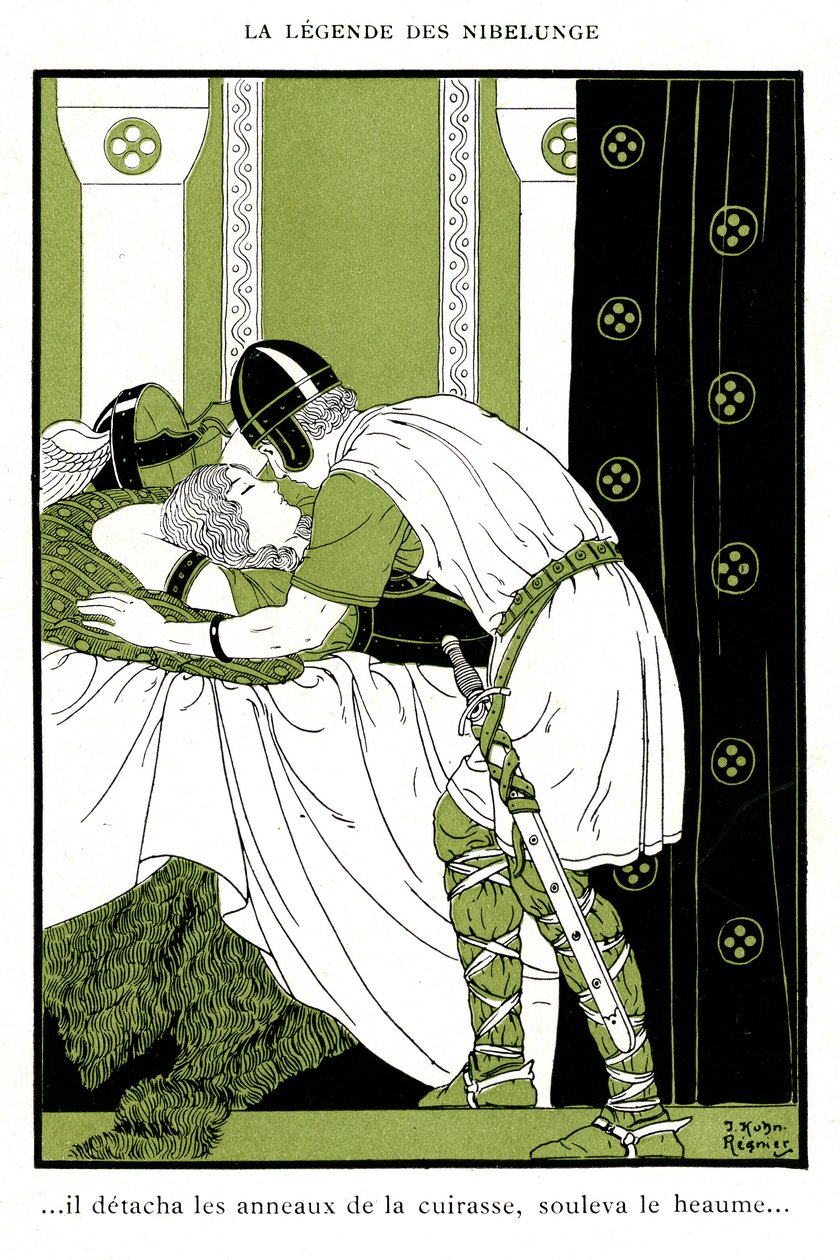 Legend of Nibelunge: Siegfried omfavner Walkyrie Brunnhilde (kromolitografi) av Joseph Kuhn Regnier