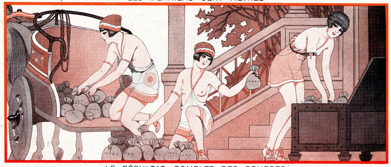 Hva var, i den olympiske perioden, Le Prix de Diane - Fullstendige løpsresultater - Le Result complet de races - illustrasjon fra la Vie Parisienne, 1927 av Joseph Kuhn Regnier