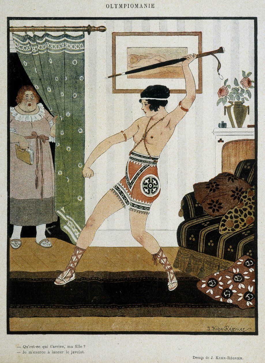 Ung jente i antikk kostyme som trener for å kaste spyd med en paraply. Fantasyplakat som illustrerer entusiasmen til olympiadene. Tegning av J. Kuhn Regnier rundt 1920. av Joseph Kuhn Regnier