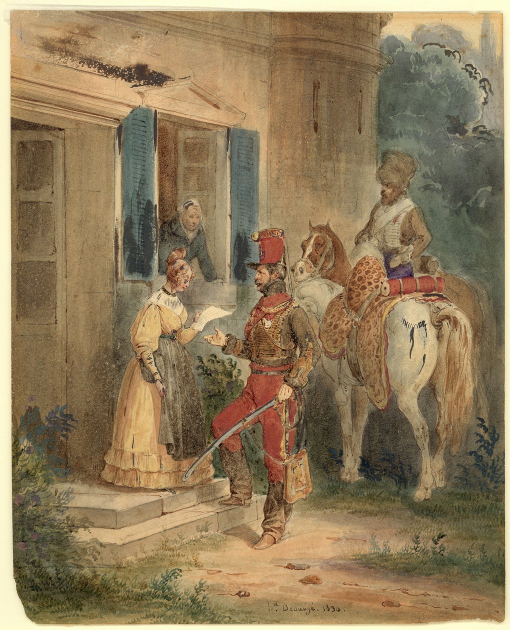 Hussars Deliving News (akvarell og blekk på papir) av Joseph Louis Hippolyte Bellange
