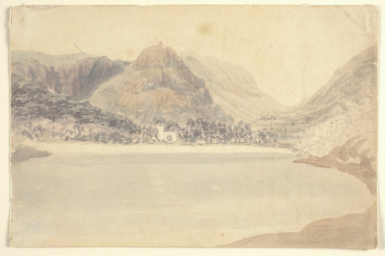 Grassmere Lake and Church (akvarell over blyant på papir) av Joseph Mallord William (attr.to) Turner