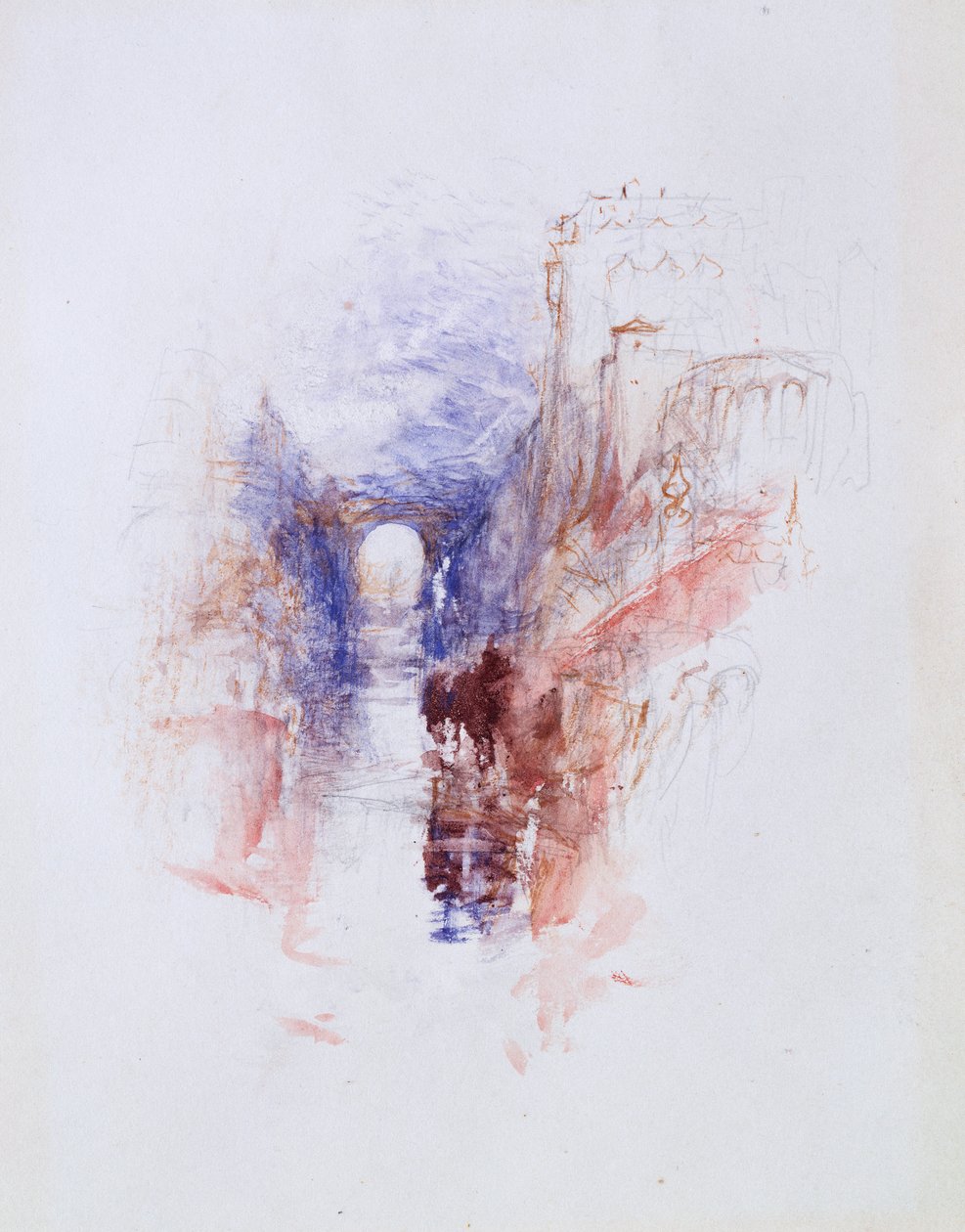 Et italiensk slott over en elv, ca. 1827 av Joseph Mallord William Turner