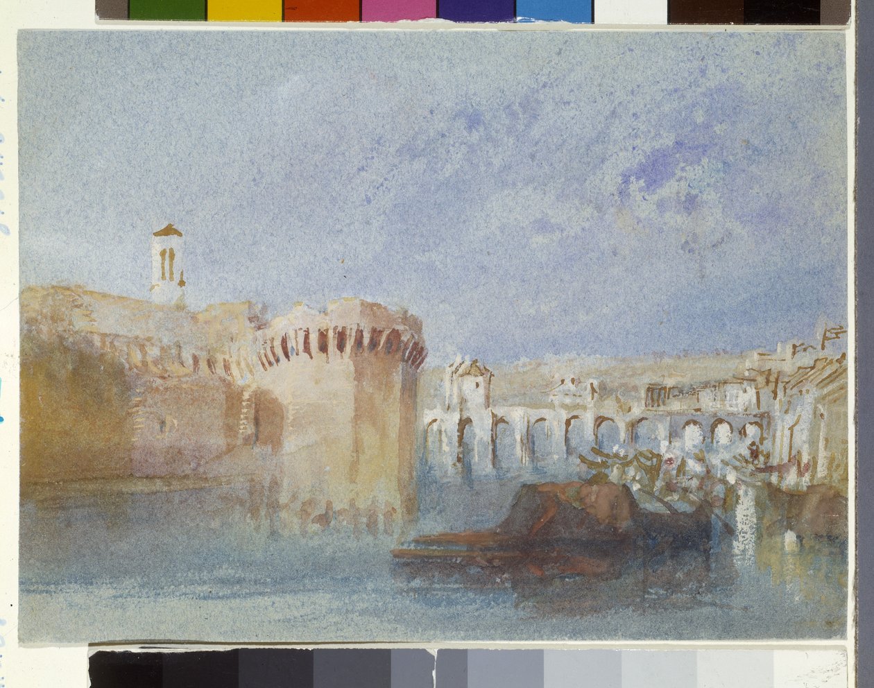 Angers: The Walls Of Doutre With The Tower Of The Church Of La Trinité (akvarell og gouache på blått papir) av Joseph Mallord William Turner