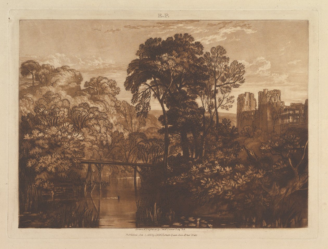 Berry Pomeroy Castle Liber Studiorum, del XII, plate 58, 1. januar 1816. av Joseph Mallord William Turner