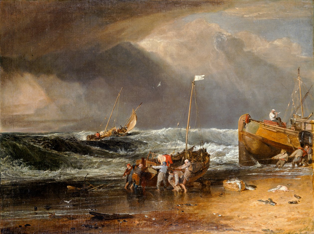 Kystscene av fiskere som drar en båt i land, eller The Iveagh Seapiece (olje på lerret) av Joseph Mallord William Turner