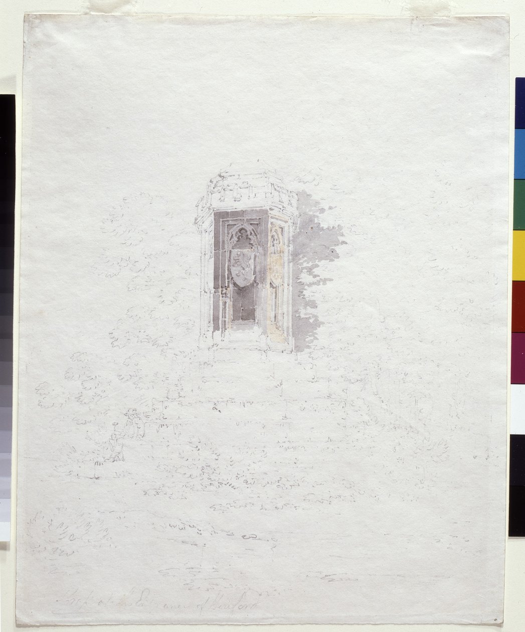 Cross At The Entrance To Hereford (blyant med gule og grå vasker på hvitt papir) av Joseph Mallord William Turner