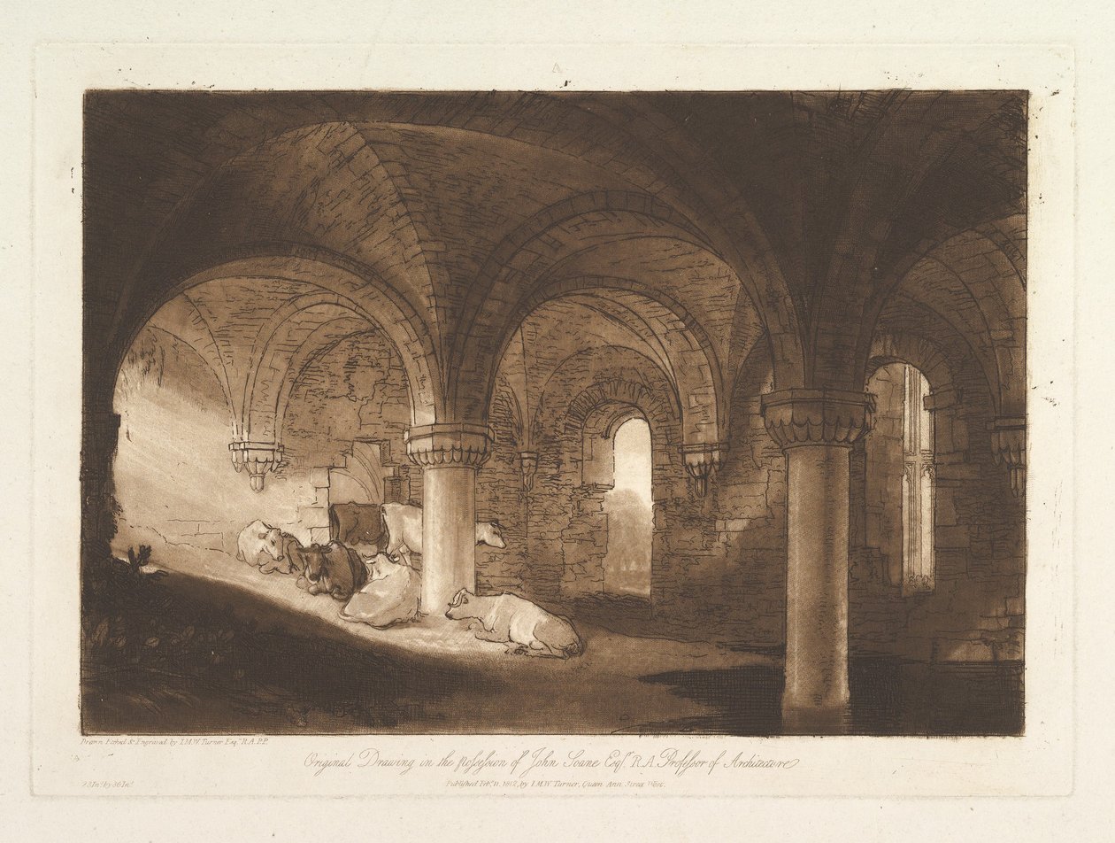 Krypten i Kirkstall Abbey, del VIII, plansje 39 fra «Liber Studiorum» av Joseph Mallord William Turner
