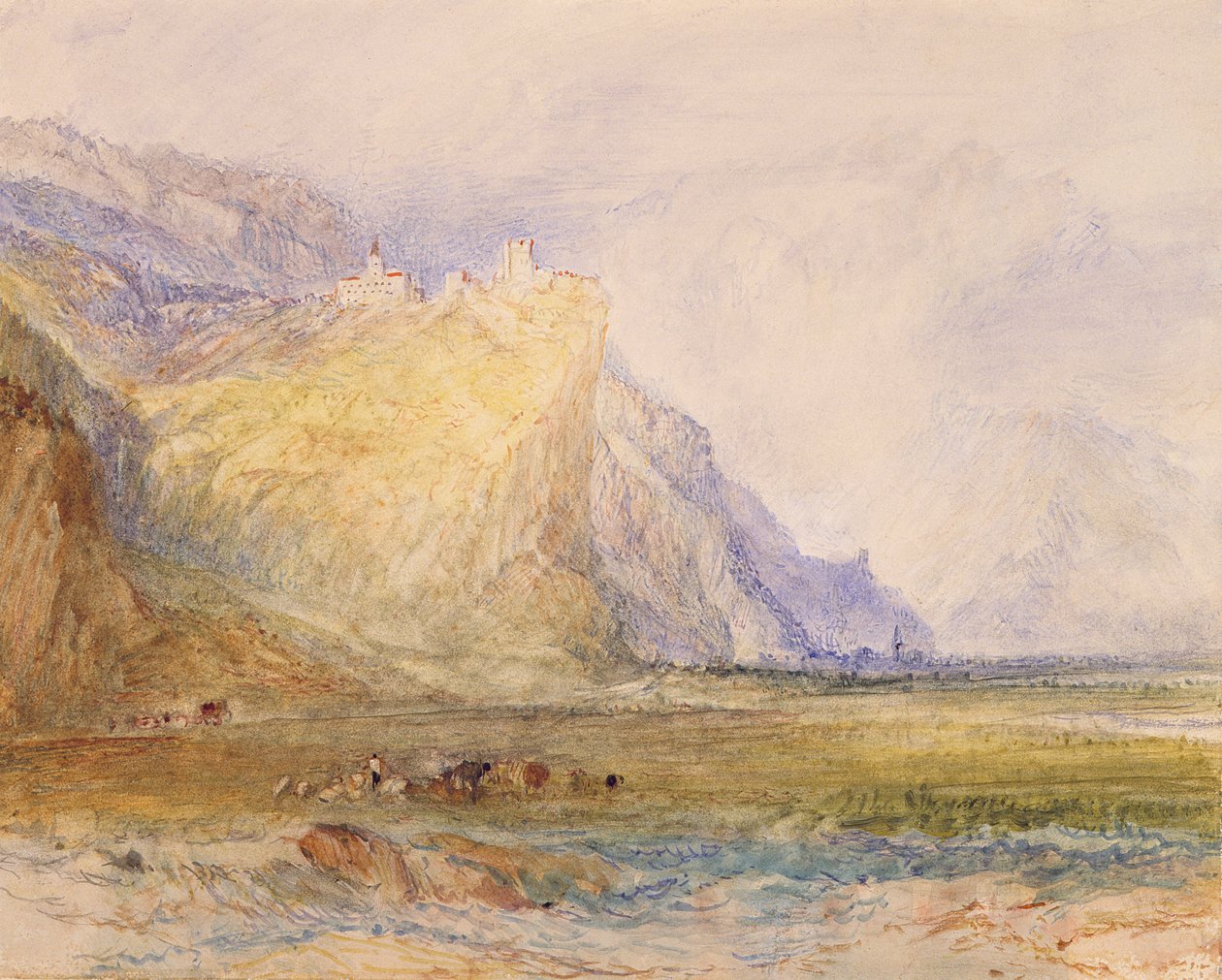 Domleschg-dalen, med utsikt mot sørøst, mot Schloss Ortenstein, ca. 1853 (akvarell på papir) av Joseph Mallord William Turner
