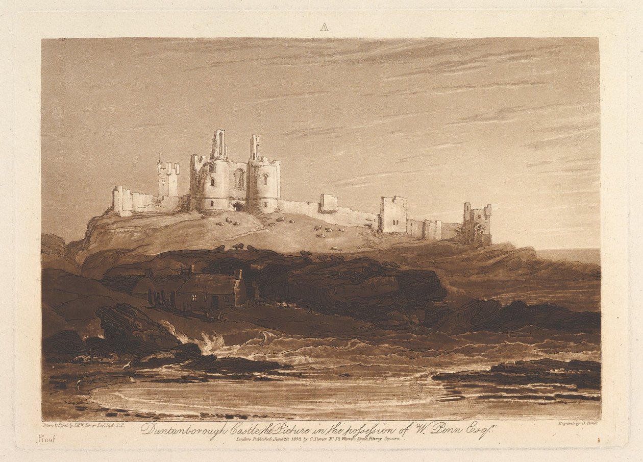 Dunstanborough Castle Liber Studiorum, del III, plate 14, 10. juni 1808. av Joseph Mallord William Turner